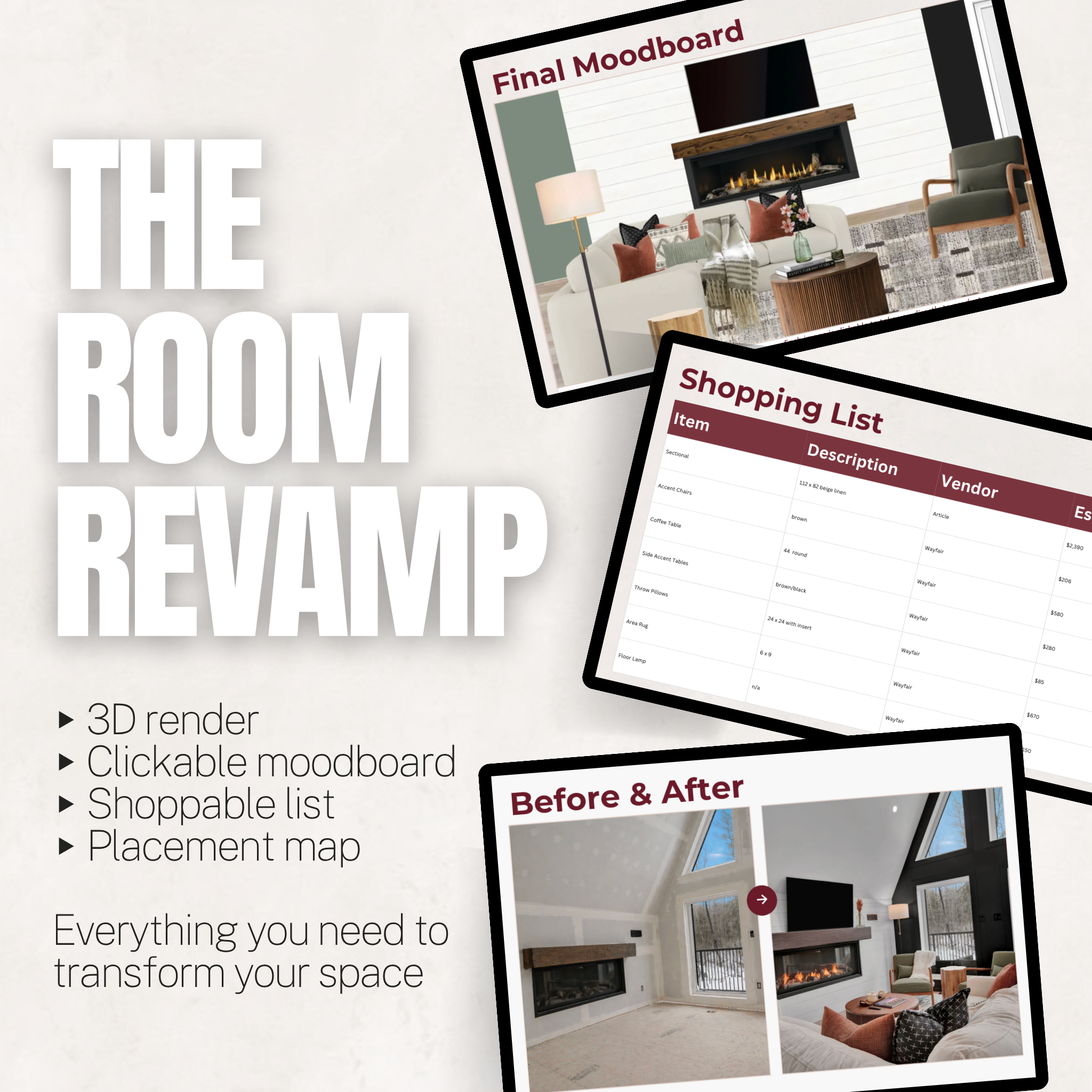 Pink Wall Designs Room Revamp virtual interior design package featuring a 3D render, clickable mood board, shopping list, placement map, and before-and-after room transformation example.